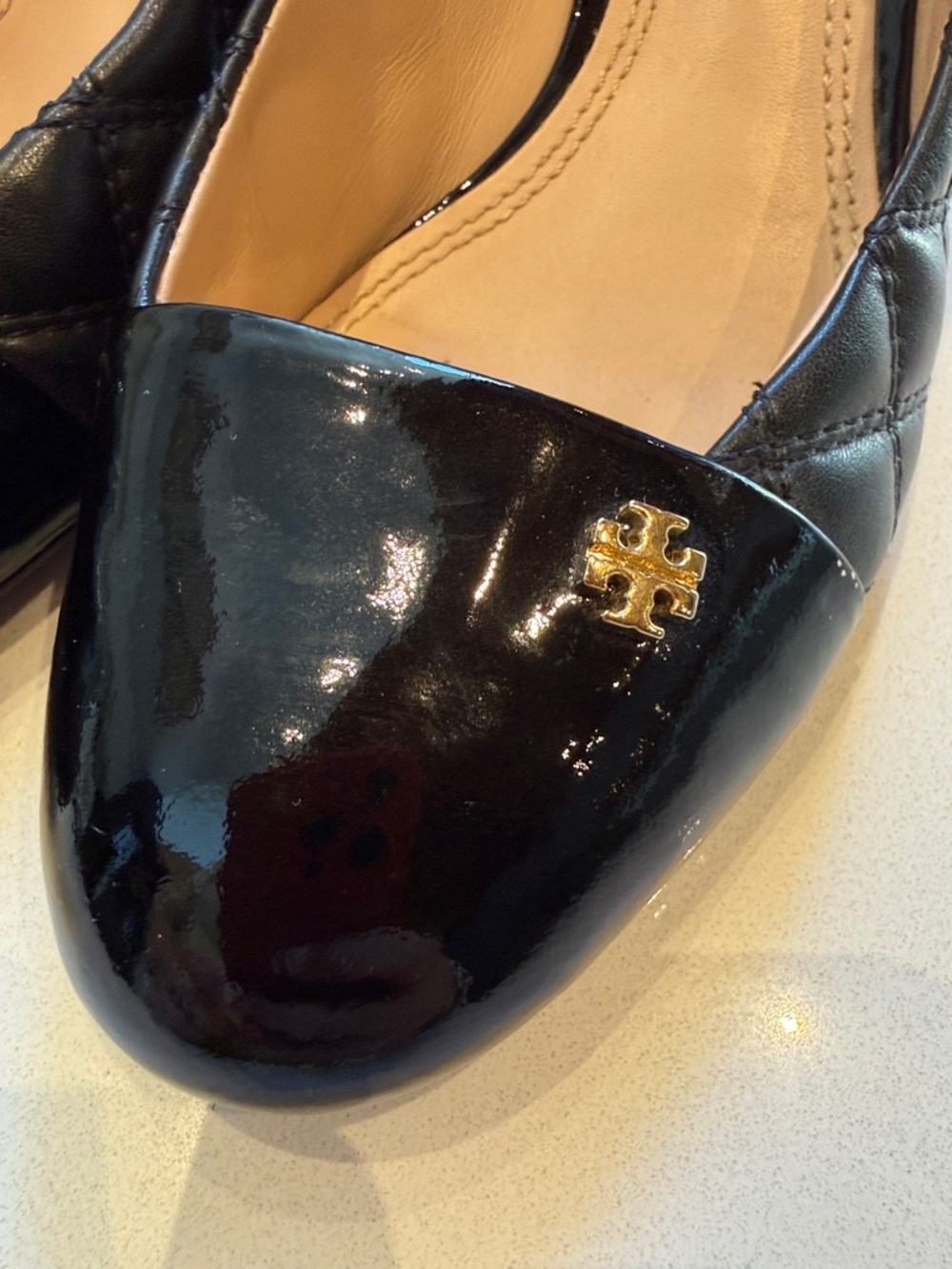 Tory Burch Black Quilted Leather Wedge Pumps with Gold Logo - Picture 9 of 11